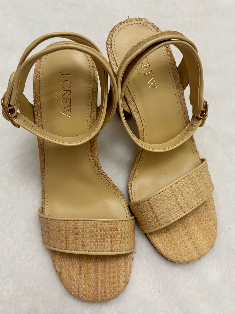 NWOT J Crew Factory Woven Block Heel Neutral Beige Raffia Ankle Strap Sandals - Picture 2 of 9